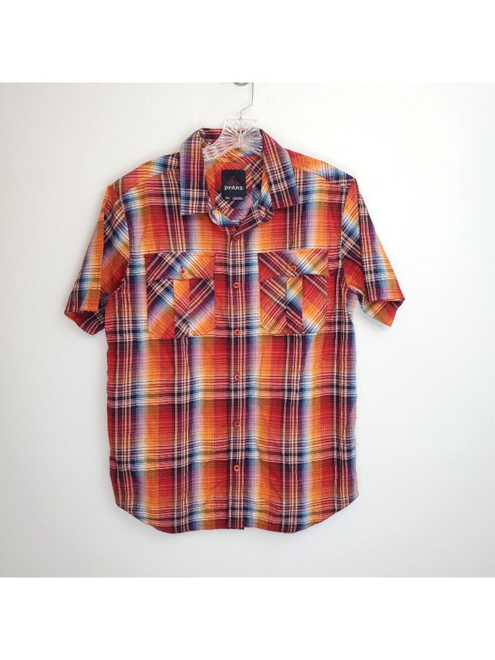 Prana men's organic cotton blend bright orange plaid button up